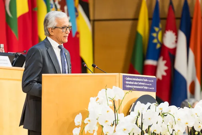 Juan Castillo durante su discurso en la 114° Conferencia de la Organización Internacional del Trabajo, en Suiza. · Foto: Ministerio de Trabajo y Seguridad Social