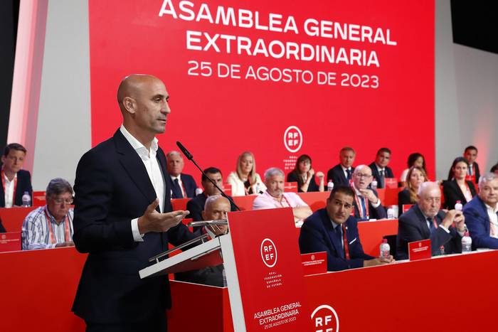 Luis Rubiales, durante su intervención en la Asamblea General. Foto:  Eidan Rubio, RFEF, EFE.
