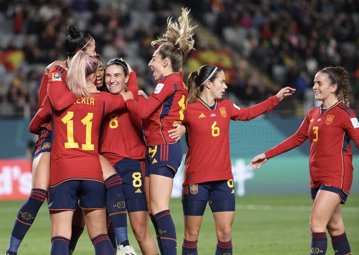 Jennifer Hermoso, de España,  celebra con sus compañeras tras marcar el 2-0 ante Zambia, durante de la fase de grupos del Mundial femenino de la FIFA, el 25 de julio de 2023, en Auckland, Nueva Zelanda · Foto: How Hwee Young/ EFE
