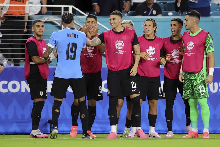 Jugadores de Uruguay tras el gol de Darwin Núñez a Panamá en el estadio Hard Rock de Miami. · Foto: Chris Arjoon, AFP