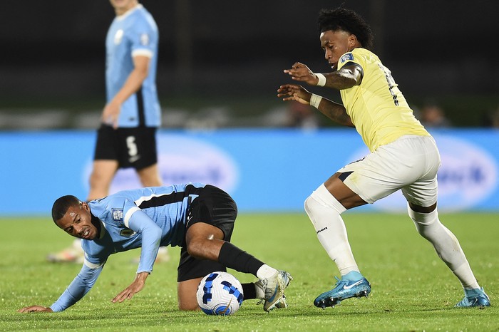 Nicolás De La Cruz, de Uruguay, y Angelo Preciado, de Ecuador, durante un partido de Elimintorias, en el estadio Centenario (archivo, octubre de 2024). · Foto: Dante Fernández, AFP