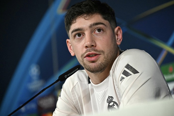 Federico Valverde, durante una conferencia de prensa, el 18 de febrero. · Foto: Javier Soriano, AFP