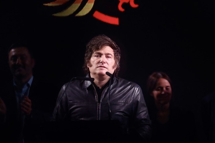 Javier Milei, durante el cierre de campaña de Manuel Adorni, el 14 de mayo, en Buenos Aires. Foto: AFP.
