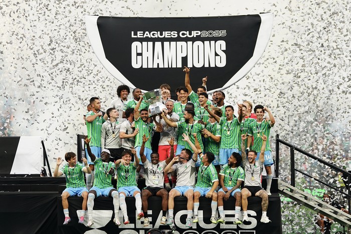 Festejo del Seattle Sounders, tras coronarse campeón de la Leagues Cup ante el Inter Miami, en Lumen Field en Seattle, Washington. Foto: Rich Lam, Getty Images, AFP .