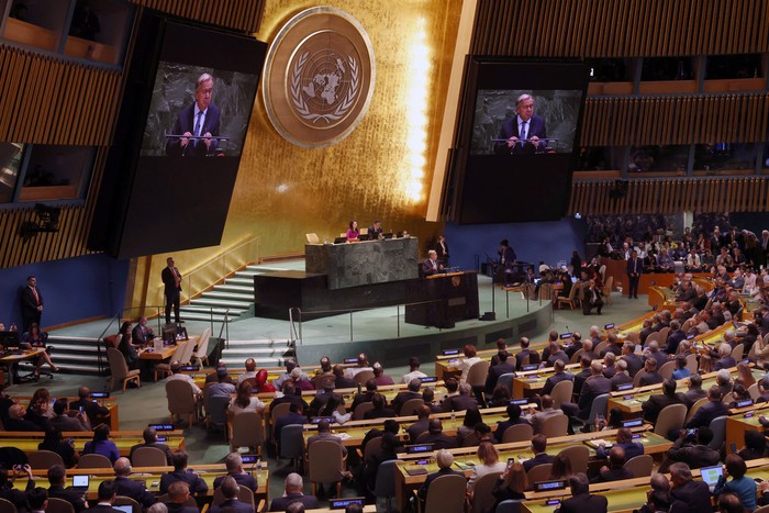 El secretario general de la ONU, António Guterres, durante su intervención ante la Asamblea General, el martes 23 de setiembre, en la ciudad de Nueva York. · Foto: Spencer Platt, Getty Images, AFP