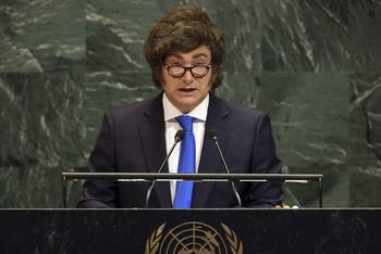 El presidente de Argentina, Javier Milei, durante su discurso en la Asamblea General de las Naciones Unidas. · Foto: Spencer Platt, Getty Images, AFP