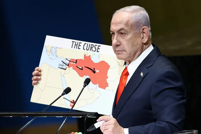 Benjamin Netanyahu, durante la Asamblea General de las Naciones Unidas, el 26 de setiembre de 2025,  en la sede de la ONU en Nueva York · Foto: Charly Triballeau, AFP