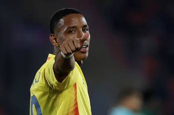 Kener González, de Colombia, celebra el primer gol ante Nigeria, el 5 de octubre, en el estadio Fiscal en Talca, Chile. · Foto: Raúl Bravo, AFP