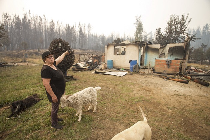 Margarita Brizuela, miembro de la comunidad mapuche de Lorenzo Pulgar Huentuquidel, frente a su casa quemada por un incendio forestal en El Hoyo, en la región patagónica de la provincia de Chubut. · Foto: Martín Levicoy, AFP