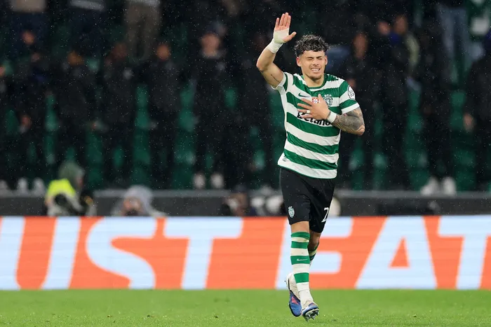 Maximiliano Araújo tras marcar el cuarto gol del Sporting CP durante el partido de vuelta de los octavos de final de la Liga de Campeones de la UEFA, ante el Bodø/Glimt, en el estadio José Alvalade de Lisboa, el 17 de marzo. · Foto: Patricia de Melo Moreira / AFP