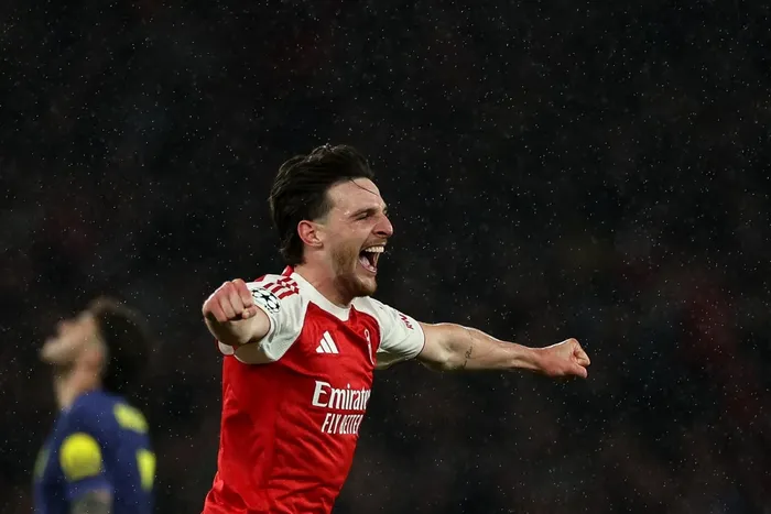 Declan Rice, tras la  victoria en el partido de vuelta de las semifinales de la Liga de Campeones de la UEFA entre el Arsenal y el Atlético de Madrid en el Emirates Stadium, al norte de Londres, el 5 de mayo de 2026. 
Foto: Adrian Dennis / AFP