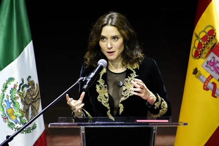 Isabel Díaz Ayuso, durante el encuentro “Celebración de la evangelización y el mestizaje en México: Malinche y Cortés”, el 4 de mayo, en Ciudad de México.
Foto: Luis Barron, AFP
