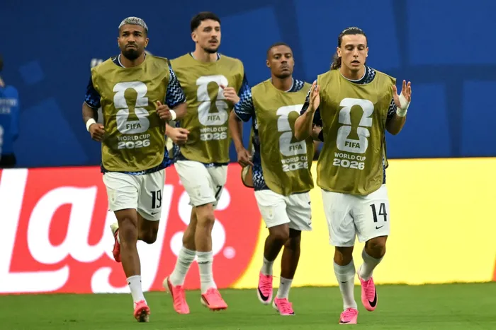 Rodrigo Aguirre, Joaquín Piquérez, Nicolás de la Cruz, Agustín Canobbio en el Miami Stadium de Miami Gardens el 15 de junio · Foto: Chandan Khanna, AFP