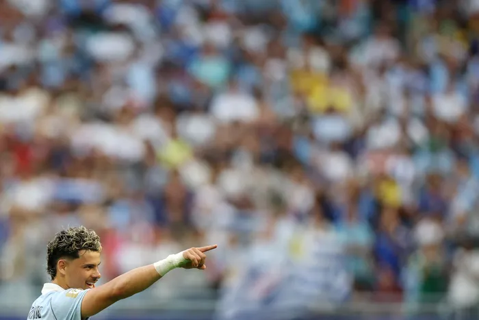 Maximiliano Araújo, tras convertir el empate transitorio contra Cabo Verde, el 21 de junio, en el Hard Rock Stadium de Miami. Foto: Patricia de Melo Moreira, AFP