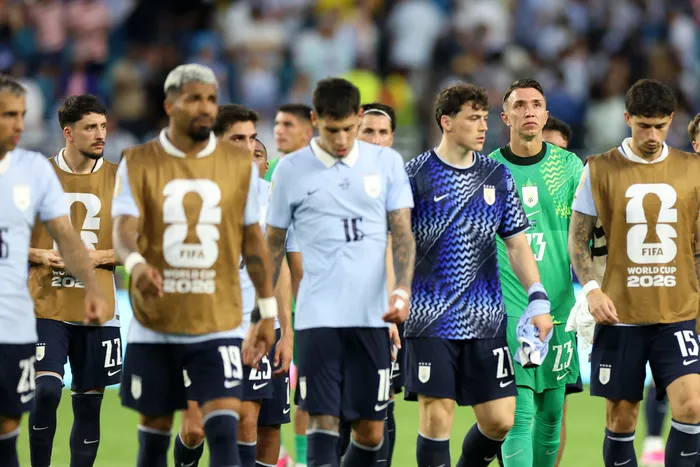 Plantel de Uruguay tras el empate con Cabo Verde, el 21 de junio, en el Hard Rock Stadium de Miami. Foto: Patricia de Melo Moreira, AFP