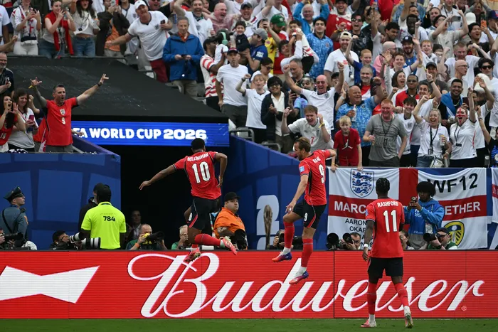 Celebración del gol de Harry Kane, de Inglaterra, ante Panamá, el 27 de junio, en New Jersey. · Foto: Mauro Pimentel, AFP
