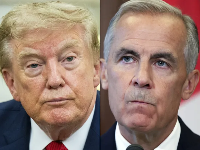 Donald Trump, en el Despacho Oval de la Casa Blanca en Washington, y el primer ministro canadiense, Mark Carney, hablando en una conferencia de prensa en Ottawa, Ontario. Fotos: Jim Watson y Dave Chan, AFP