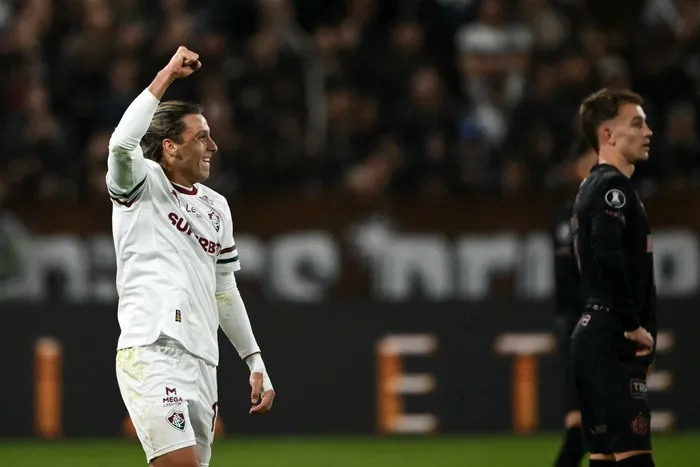 Agustín Canobbio, de Fluminense, tras convertir a Platenese,  el 15 de setiembre, en Buenos Aires. · Foto: Luis Robayo, AFP