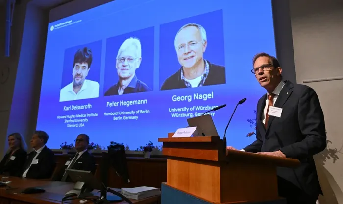 Thomas Perlmann (D), secretario general del Comité Nobel, muestra en pantalla a los ganadores del Premio Nobel de Medicina 2026: Karl Deisseroth, Peter Hegemann y Georg Nagel, el 5 de ocutbre, en el Instituto Karolinska de Estocolmo, Suecia. · Foto: Jonathan Nackstrand, AFP