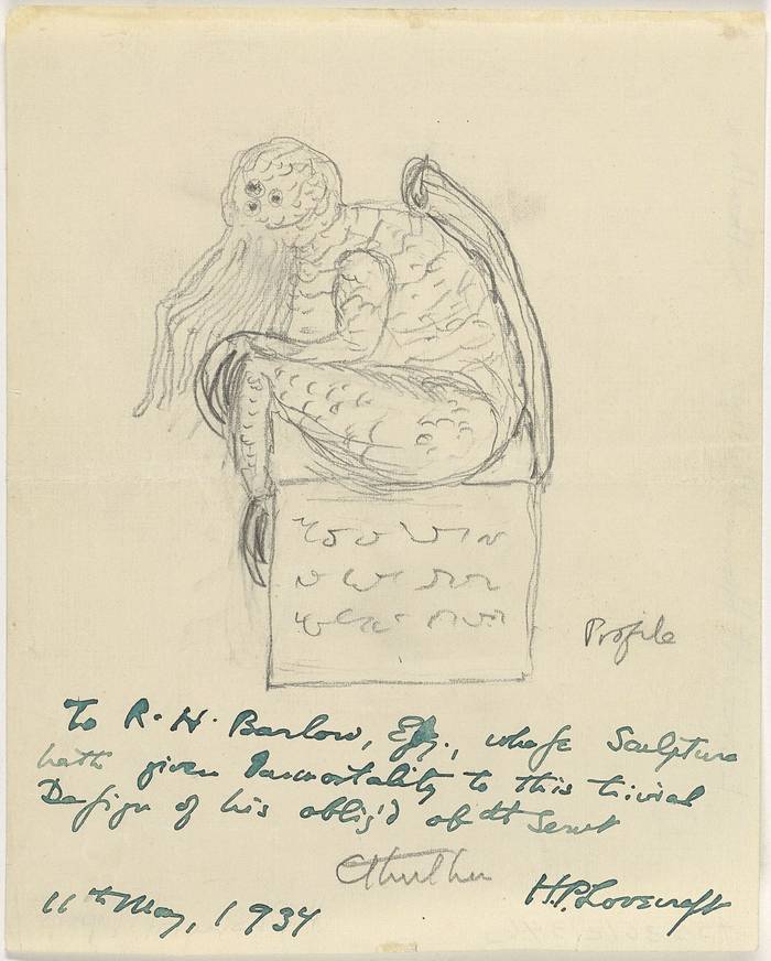 _La llamada de Cthulhu_. Bosquejo de Cthulhu, por Lovecraft, en 1934. Dibujo a lápiz de Cthulhu visto desde frente, en su parte posterior y de perfil. Brown Digital Repository. Brown University Library.