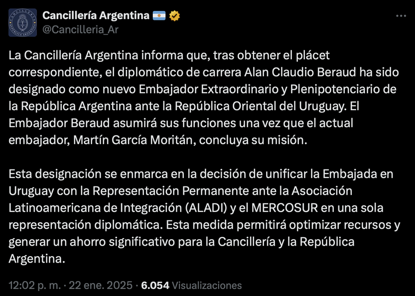 anuncio nuevo canciller argentino en Uruguay