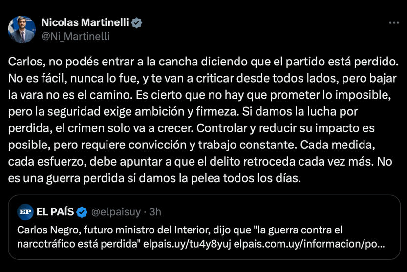 tweet de Nicolas Martinelli sobre Carlos Negro
