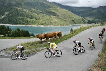 Jhonatan Narváez, Tadej Pogacar, Adam Yates y Jonas Vingegaard durante el descenso del Col du Pre, el 25 de julio, durante la 19ª etapa de la 112ª edición del Tour de Francia. · Foto: Marco Bertorello, AFP