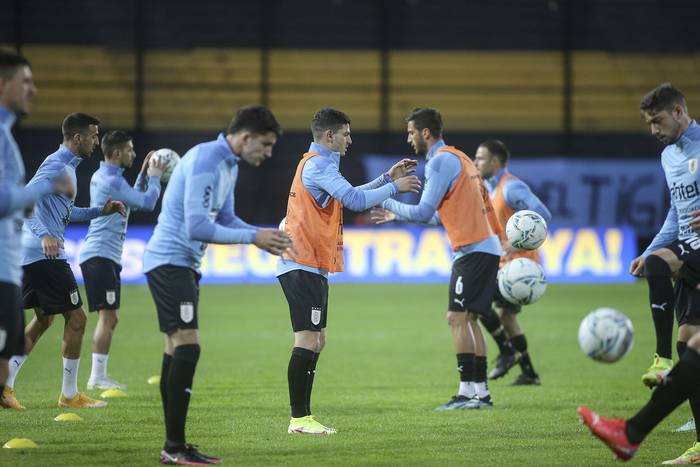 Calentamiento previo de los jugadores de Uruguay, en el estadio Campeón del Siglo. · Foto: .