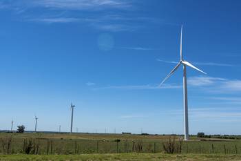 Molinos eólicos sobre ruta 22, en Tarariras, departamento de Colonia. · Foto: Ignacio Dotti