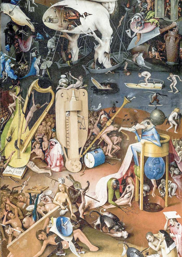 Sector del panel derecho, _El infierno_, del tríptico _El jardín de las delicias_, del Bosco, 1490-1500.