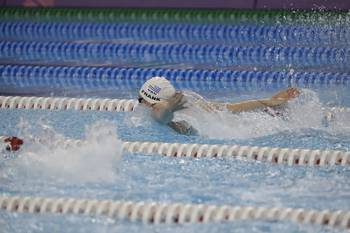 Nicole Frank, el 14 de agosto, en la competencia de 200 metros combinados. Foto: Comité Olímpico Uruguayo, gentileza Santiago Faux.