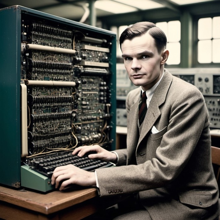 Imagen creada por la versión gratuita de OpenArt con el prompt Alan Turing con un computador vintage.