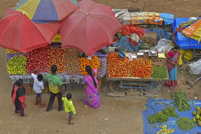 Puesto de venta de frutas y verduras, el 14 de junio de 2021, en Bangalore, India.
 · Foto: Manjunath Kiran, AFP