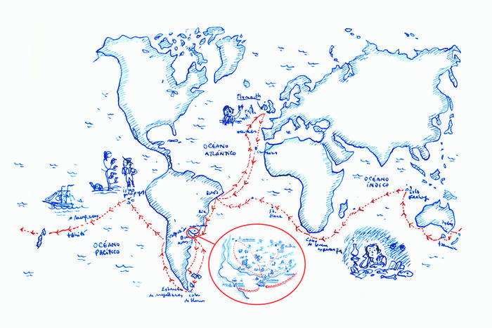 La ruta del Beagle alrededor del mundo. Ilustración: Sebastián Santana