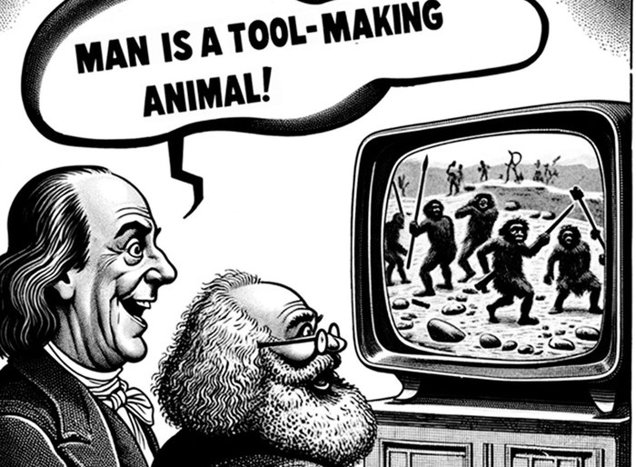 Karl Marx y Benjamín Franklin observando humanos prehistóricos. 
Imagen generada con ChatGPT 4.0o, a partir de instrucciones de texto de Hugo de los Campos
