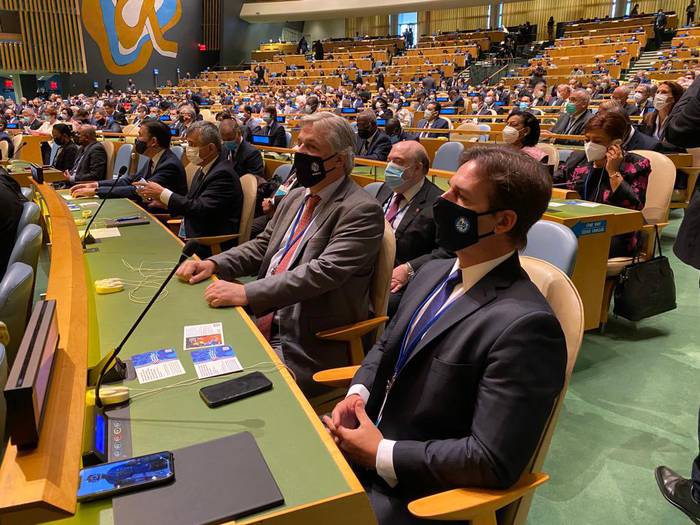 El canciller, Francisco Bustillo, y el presidente, Luis Lacalle Pou, en la Asamblea General de la ONU. Foto: Cancillería.
