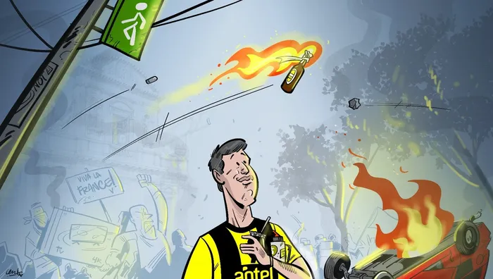 Foto principal del artículo 'Entrevista - El uruguayo que recorrió los disturbios de París con una camiseta de Peñarol' · Ilustración: Cristian Moreira (MiLoco)