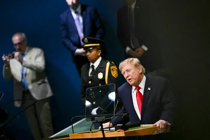 Donald Trump durante su discurso, el 21 de setiembre, en la Asamblea General de las Naciones Unidas. · Foto: Brendan Smialowski, AFP