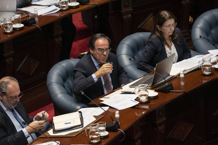 Robert Bouvier y Karina Rando , el 17 de mayo, en la Cámara de Senadores. · Foto: Martín Varela Umpiérrez