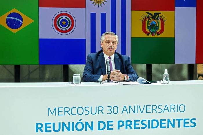 Alberto Fernández, el 26 de marzo, durante la cumbre virtual del Mercosur. Foto: Presidencia Argentina, AFP