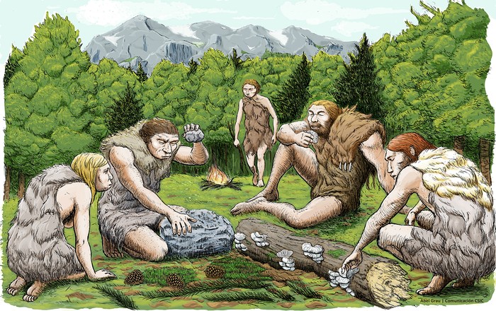Neandertales en el sitio El Sidrón. Dibujo de Abel Grau, CSIC Comunicación.