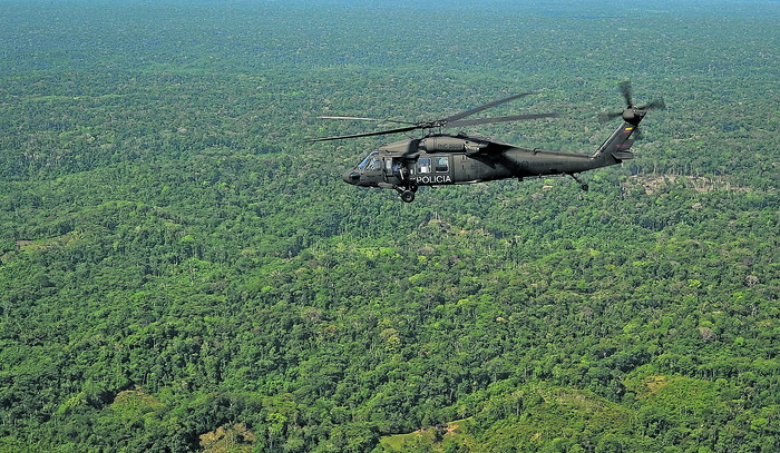 Helicópteros de la Policía Nacional de Colombia sobrevuelan una plantación de coca en una zona rural del departamento de Putumayo, en la frontera entre Colombia y Ecuador (archivo, setiembre de 2013). · Foto: Luis Robayo, AFP