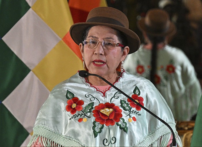 La ministra de Relaciones Exteriores de Bolivia, Celinda Sosa, durante una conferencia de prensa en 
La Paz. · Foto: Aizar Raldes, AFP