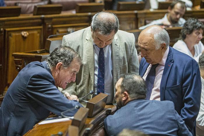 Guido Manini Ríos, Raúl Lozano, Guillermo Domenech y Martín Sodano, el 29 de marzo, durante la Asamblea General, en el Palacio Legislativo. · Foto: .