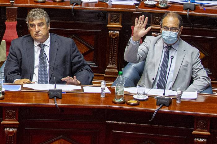 Los senadores Sergio Botana y Sergio Delpino durante la discusión del proyecto de ley de Casa de Galicia, el 8 de febrero. · Foto: Mauricio Zina