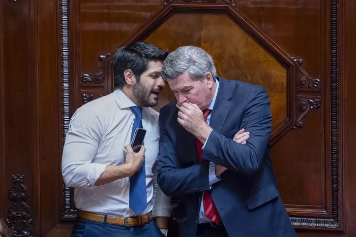 Andrés Ojeda y Pedro Bordaberry durante un plenario en la Cámara de Senadores. (Archivo, octubre de 2025) · Foto: Gianni Schiaffarino