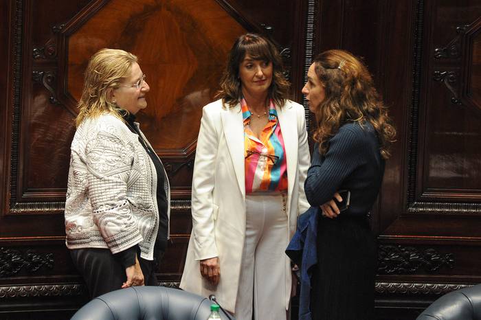 Graciel Bianchi, Carmen Asiaín y Carmen Sanguinetti, el 2 de agosto, previo a la sesión en la Cámara de Senadores del Palacio Legislativo. · Foto: Federico Gutiérrez