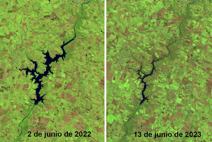 Fotos satelitales de Paso Severino, el 2 de junio de 2022 y el 13 de junio de 2023. · Foto: NASA