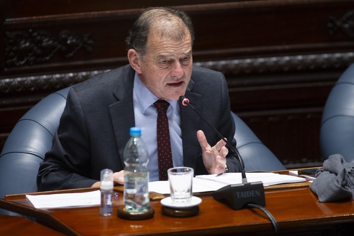 Guido Manini Ríos, el 28 de mayo, en la Cámara de Senadores. · Foto: Ernesto Ryan