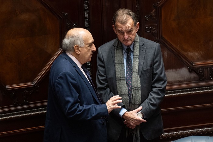 Guido Manini Ríos y Guillermo Domenech, durante una sesión de la Cámara de Senadores (archivo, julio de 2024). · Foto: Mara Quintero